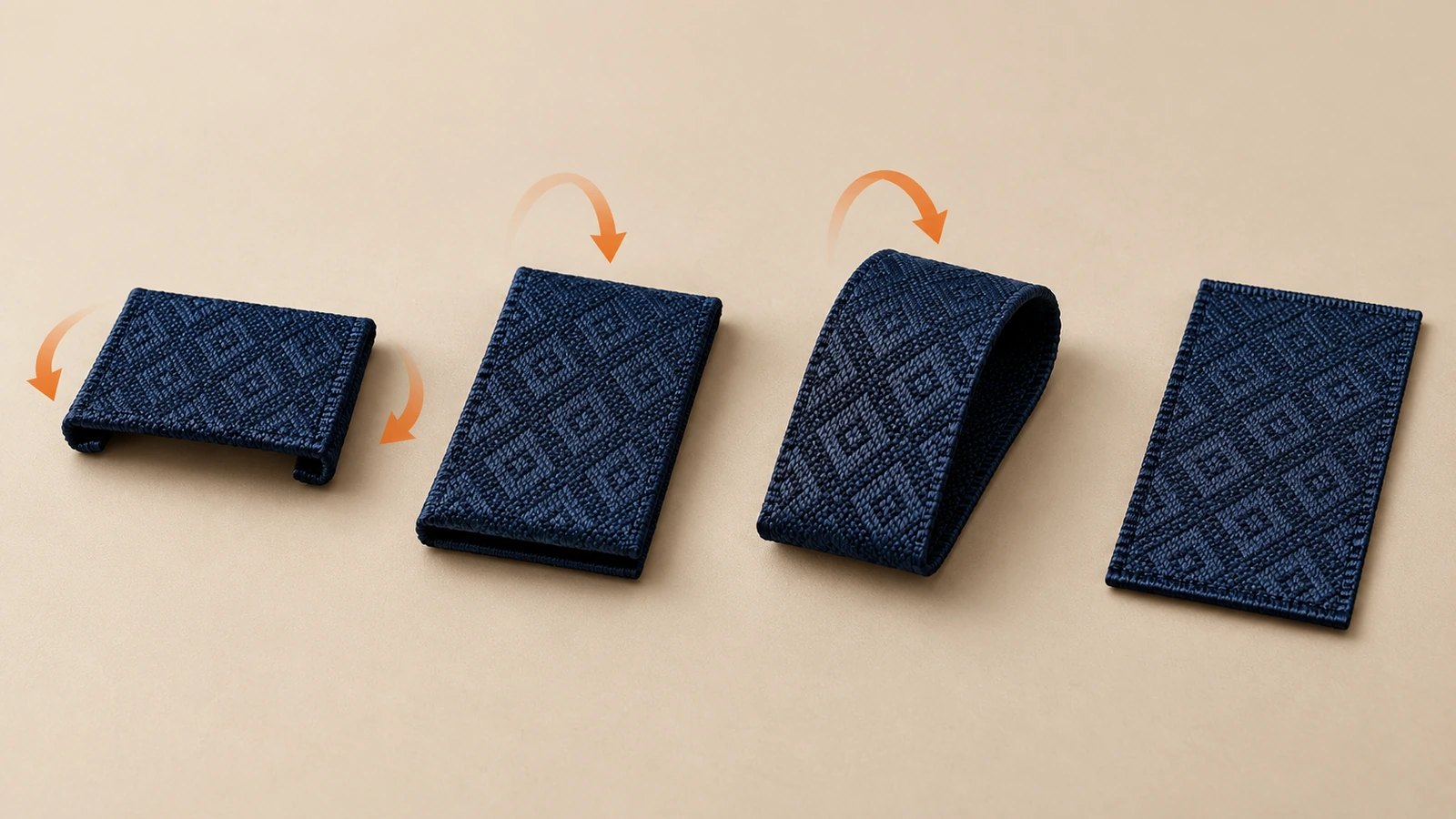 Four blank damask woven labels side by side showing end fold, center fold, loop fold and straight cut, with arrows indicating fold direction