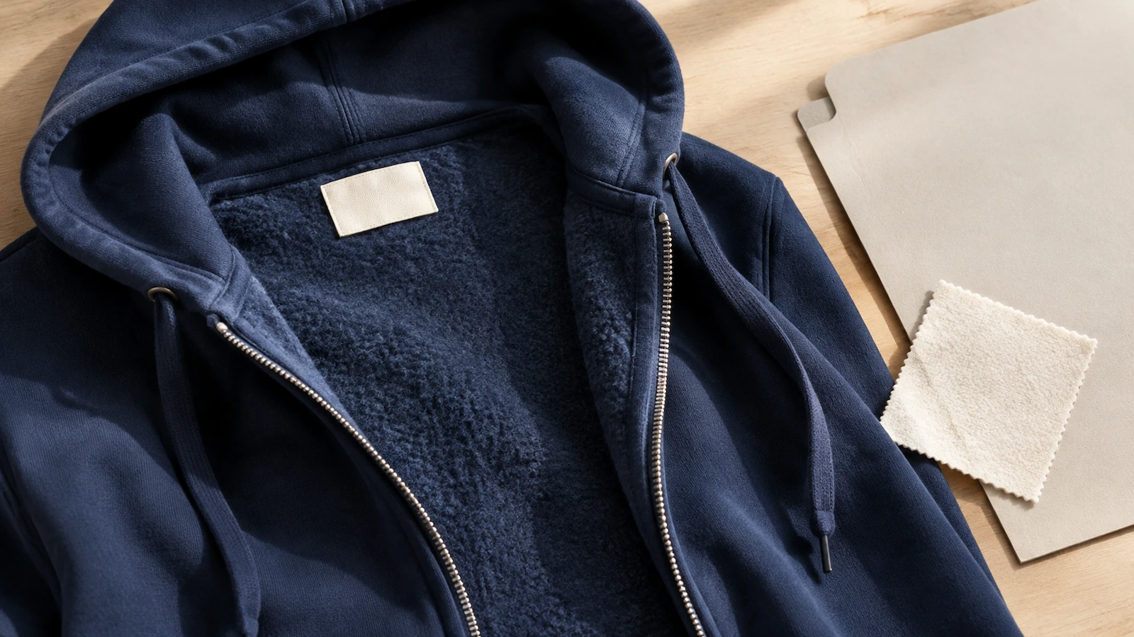 Close-up of the inside neck of a fleece full-zip hoodie showing a sewn-in fabric label and the exposed brushed interior along the open zipper, illustrating flammability and labeling checks