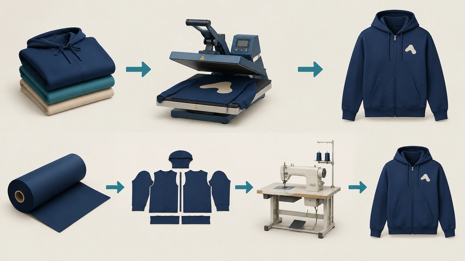 Two production routes for custom hoodies: folded stock blank hoodies moving straight to a decoration station, compared with a fabric roll being cut into flat panels and sewn into a full-zip hoodie