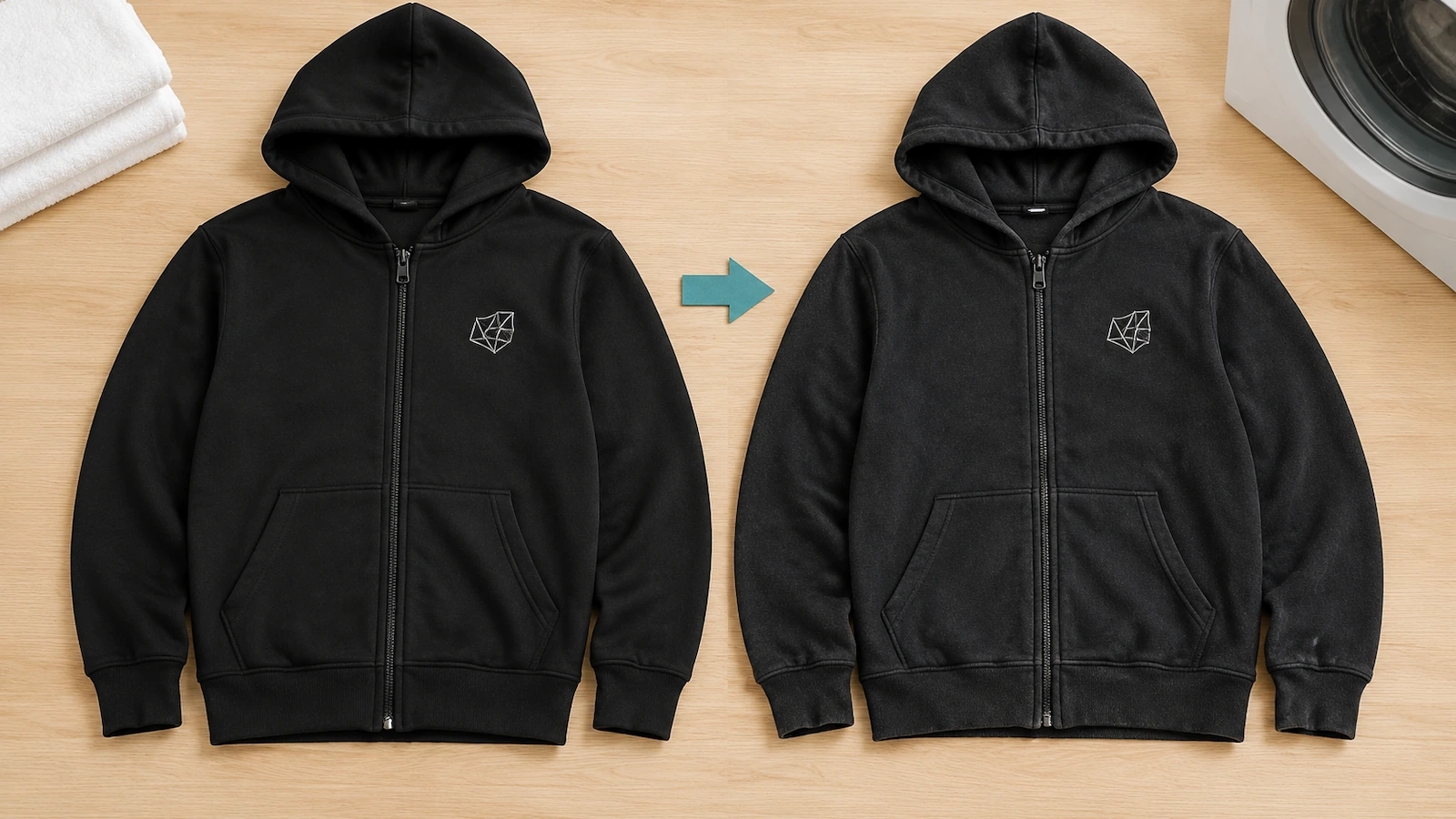 Pre-production hoodie sample shown before and after a wash test, with the left-chest decoration flat and intact and the zipper placket checked for waviness