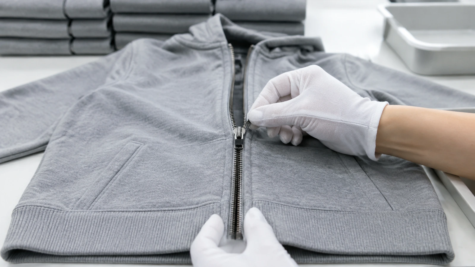 Quality control inspector's hands running a hoodie zipper through its full travel on an inspection table, checking that the placket lies flat and the hems align