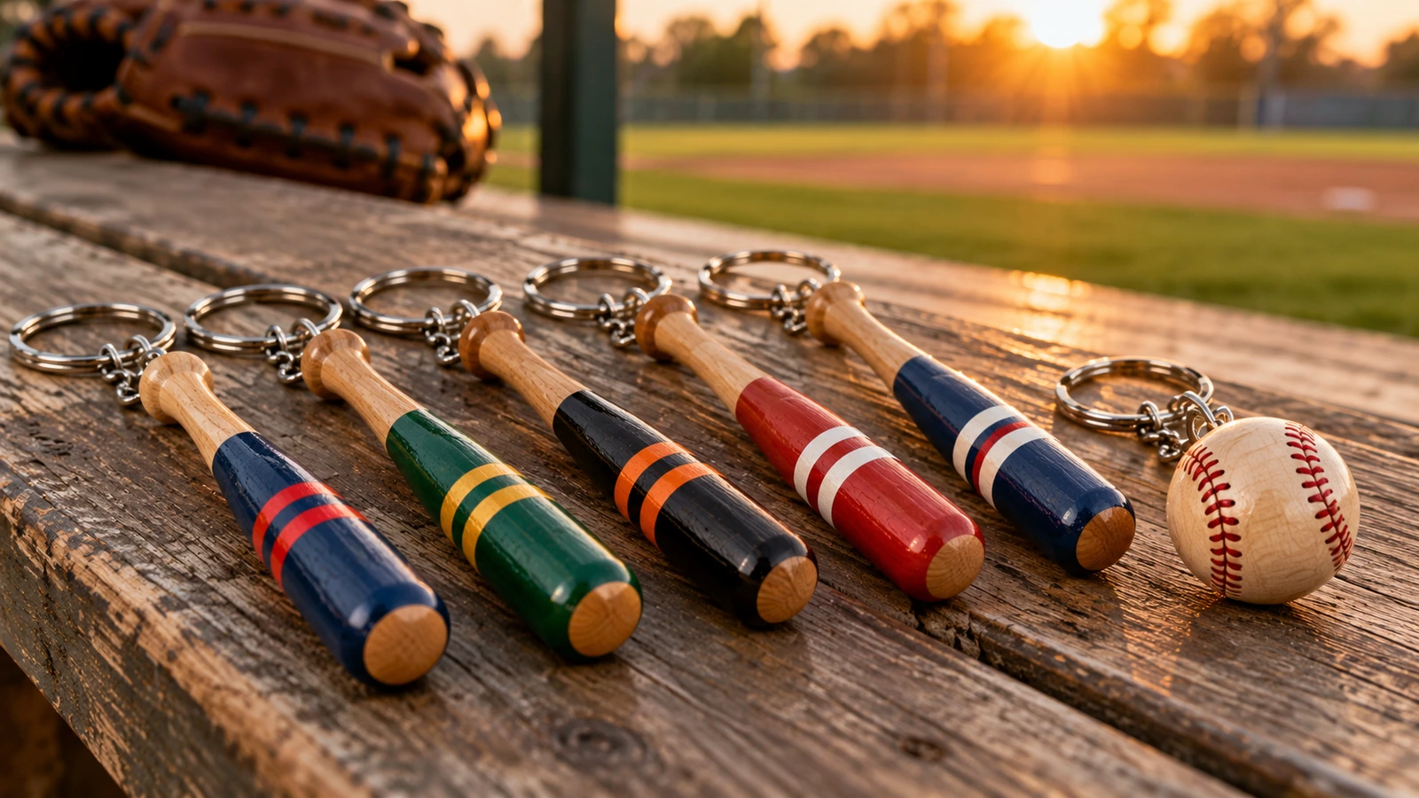 A row of bat-shaped wooden keychains with colored barrels in team colors, next to a round ball-shaped wooden keychain on a dugout bench