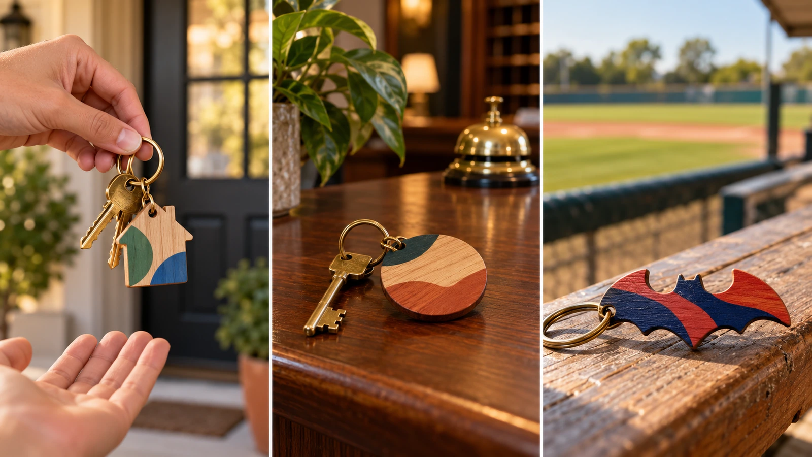 Wooden keychains in branded settings: a house-shaped fob on new house keys, a round tag on a hotel room key and a bat shape at a ballpark
