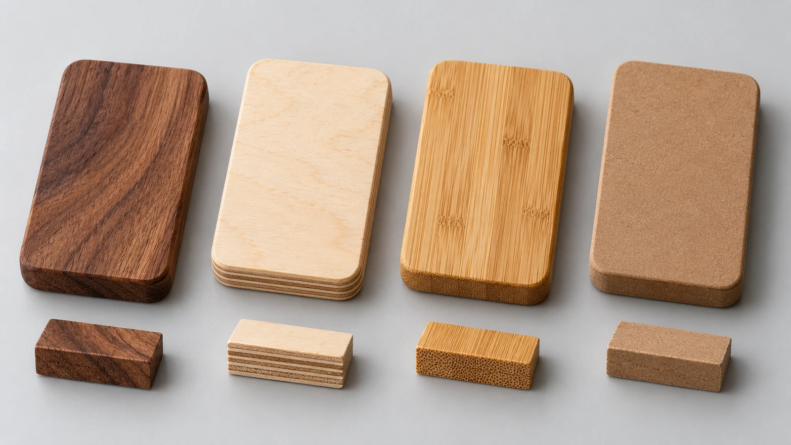 Four wooden keychain blanks side by side showing solid hardwood grain, layered birch plywood edge, bamboo and smooth uniform MDF