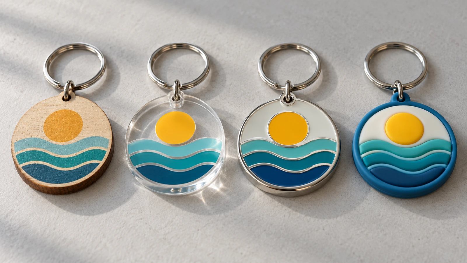 A wooden keychain, a clear acrylic keychain, a polished metal keychain and a soft PVC keychain arranged side by side on a neutral surface
