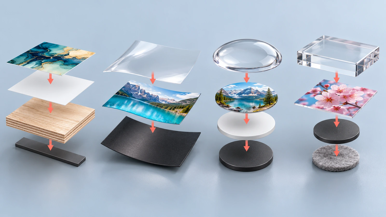 Cross-section of printed fridge magnet layers showing the decorative face, substrate and magnetic backing for each process