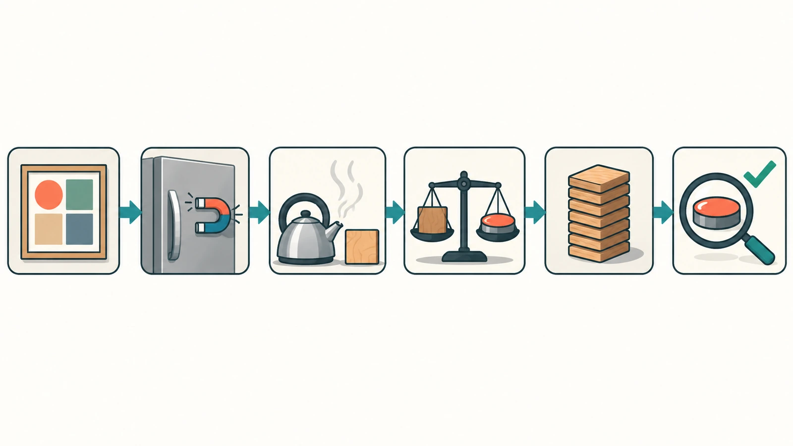 Decision flow for choosing how to print fridge magnets, moving from artwork type to surface test, environment, magnet sizing, run size and sample checks