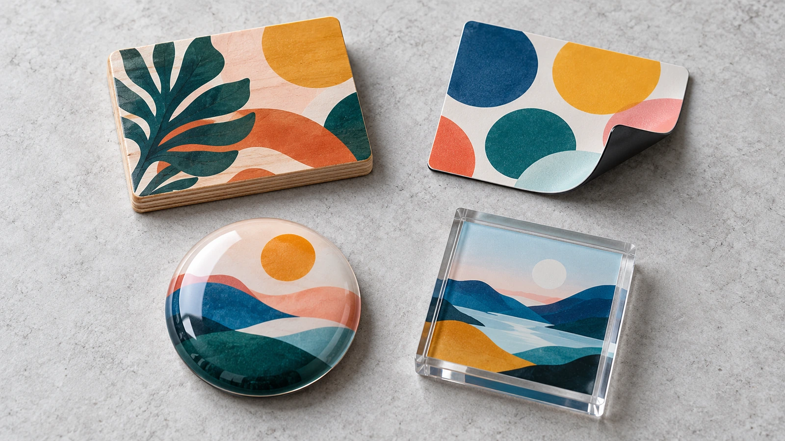 Four ways to print fridge magnets shown side by side: UV-printed wood, laminated flexible magnet sheet, epoxy-domed print and acrylic insert