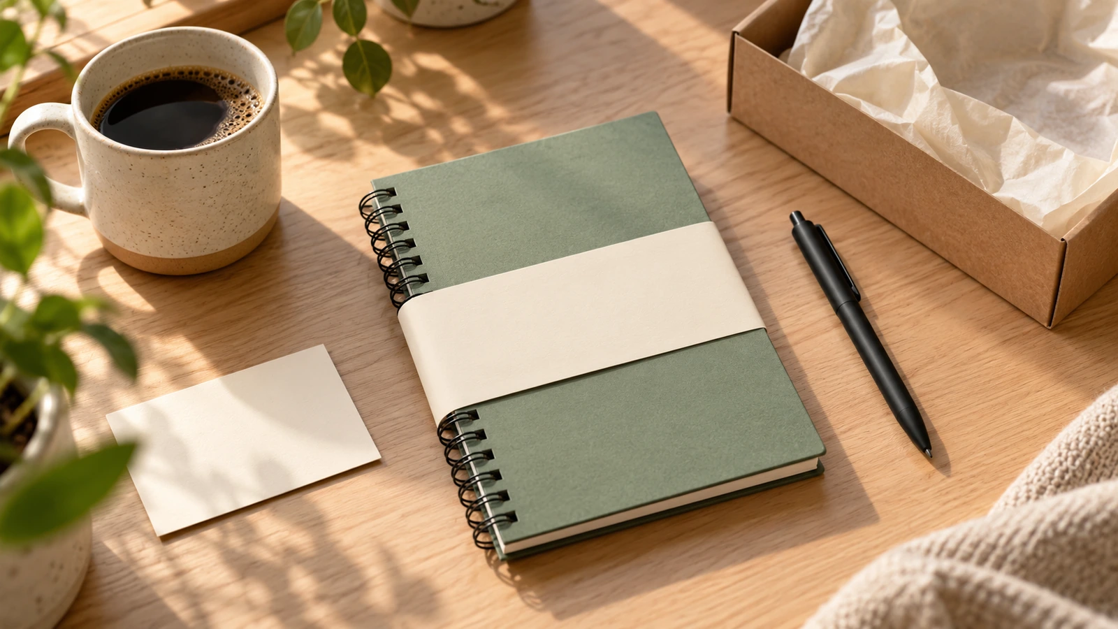 Onboarding welcome kit on a desk with a wire-bound notebook wrapped in a plain colored sleeve, a pen and a small blank card, in soft daylight