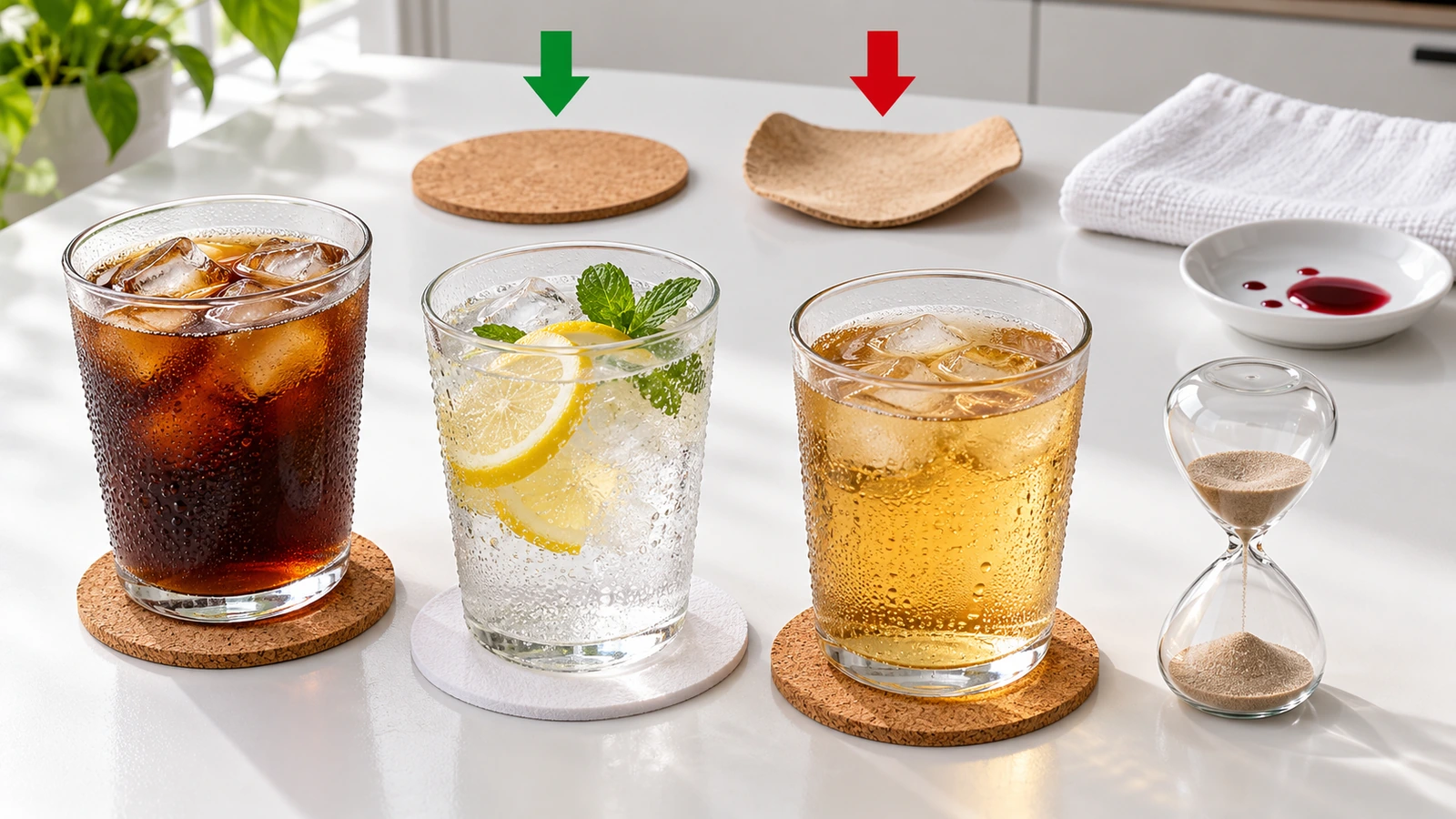 Sample test setup with iced glasses on cork and pulpboard coasters, an hourglass, and a flat coaster compared with a curled one
