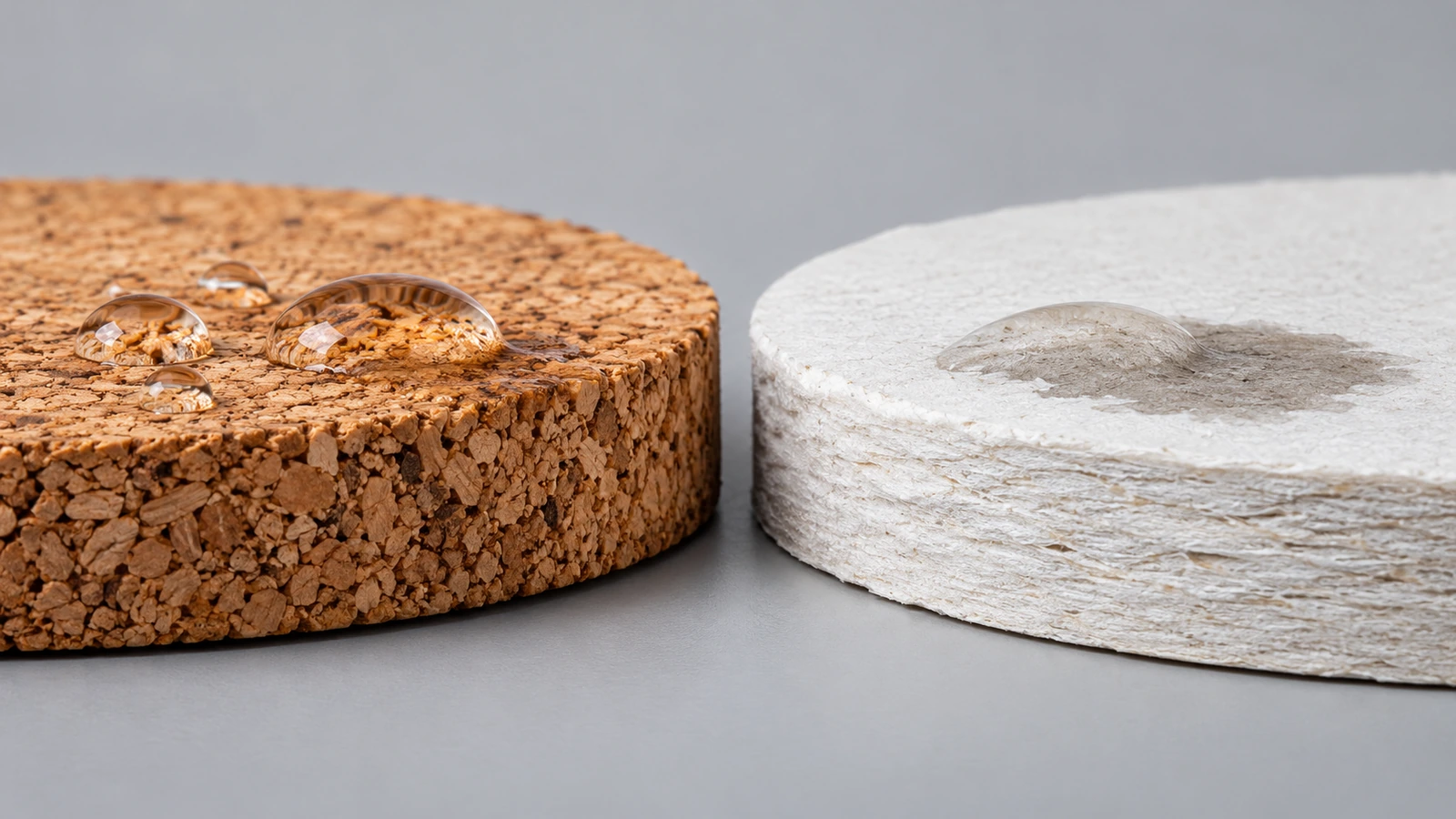 Macro comparison of natural cork cell texture and layered pulpboard fibers with water droplets on each surface