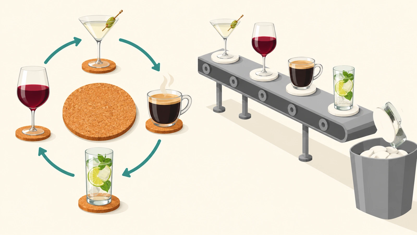 Illustration contrasting one cork coaster reused under many glasses in a loop with a stream of single-use pulpboard coasters flowing into a bin
