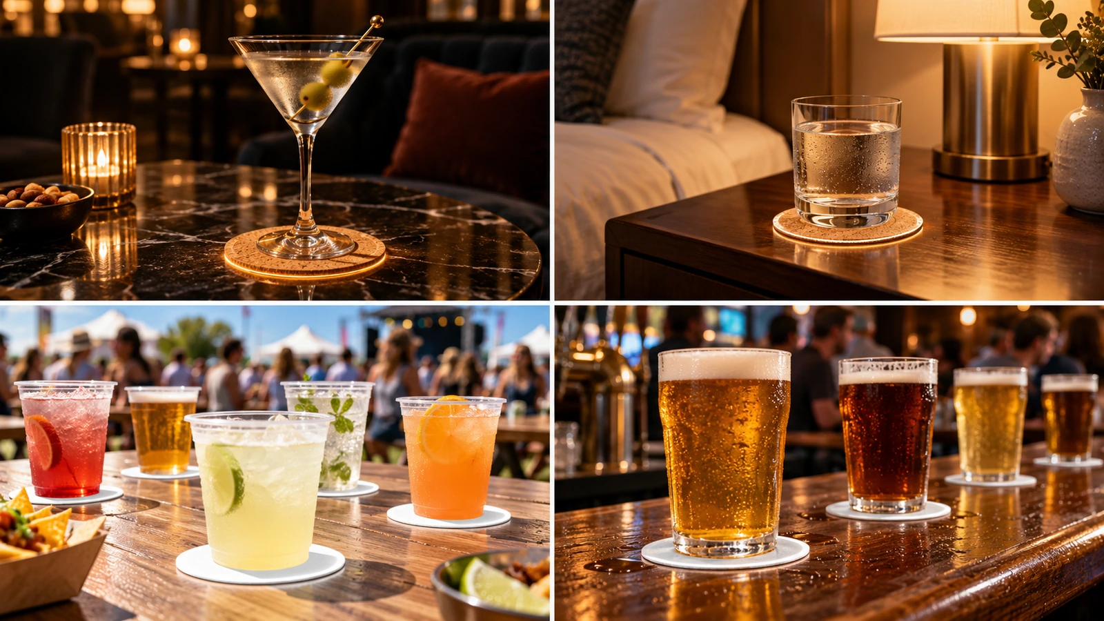 Four venue scenes showing amber cork coasters in a lounge and hotel room and white pulpboard coasters at a festival and busy beer bar