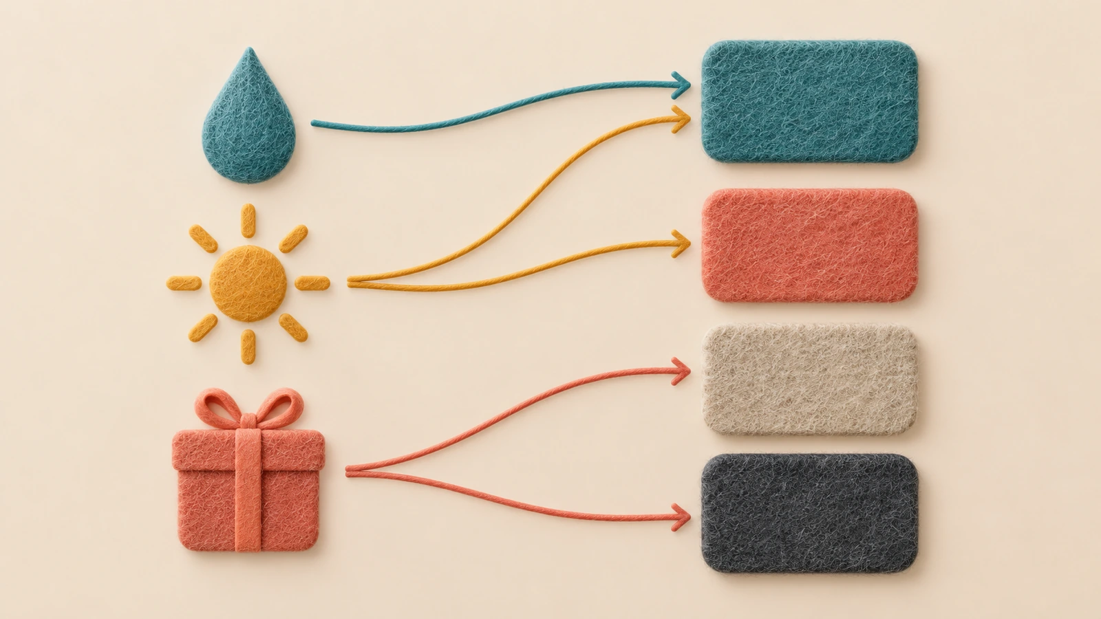 Decision diagram using coloured shapes and arrows to route a felt sticker project from use environment to fiber choice