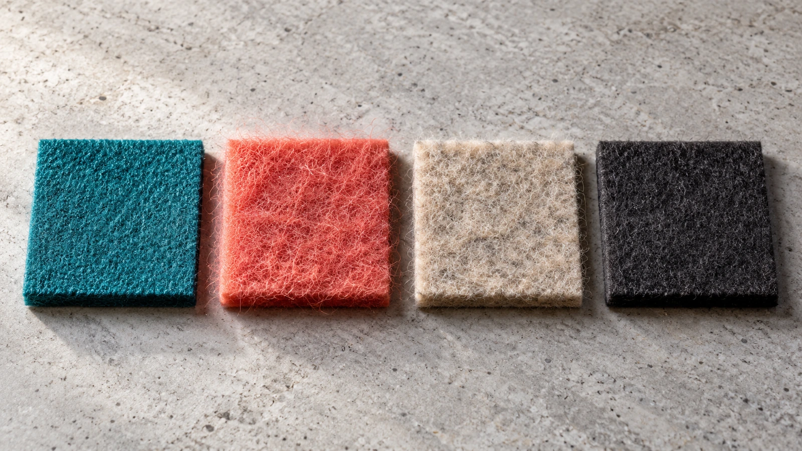 Four felt swatches in polyester, acrylic, wool blend and pure wool, shown side by side in macro to compare surface texture and density