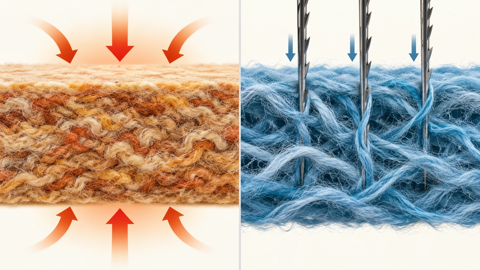 Cross-section illustration comparing a dense, tightly interlocked pressed felt with a loftier needle-punched felt whose fibers are pulled through by barbed needles
