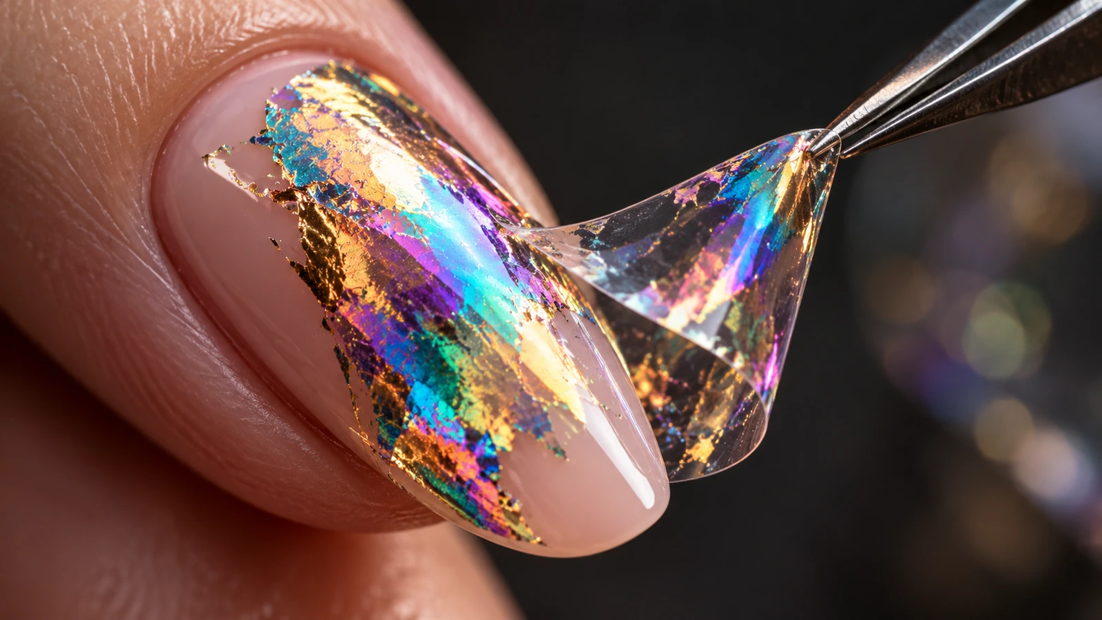 Macro view of a holographic foil transfer on a gel nail showing color-shifting depth on a flat surface