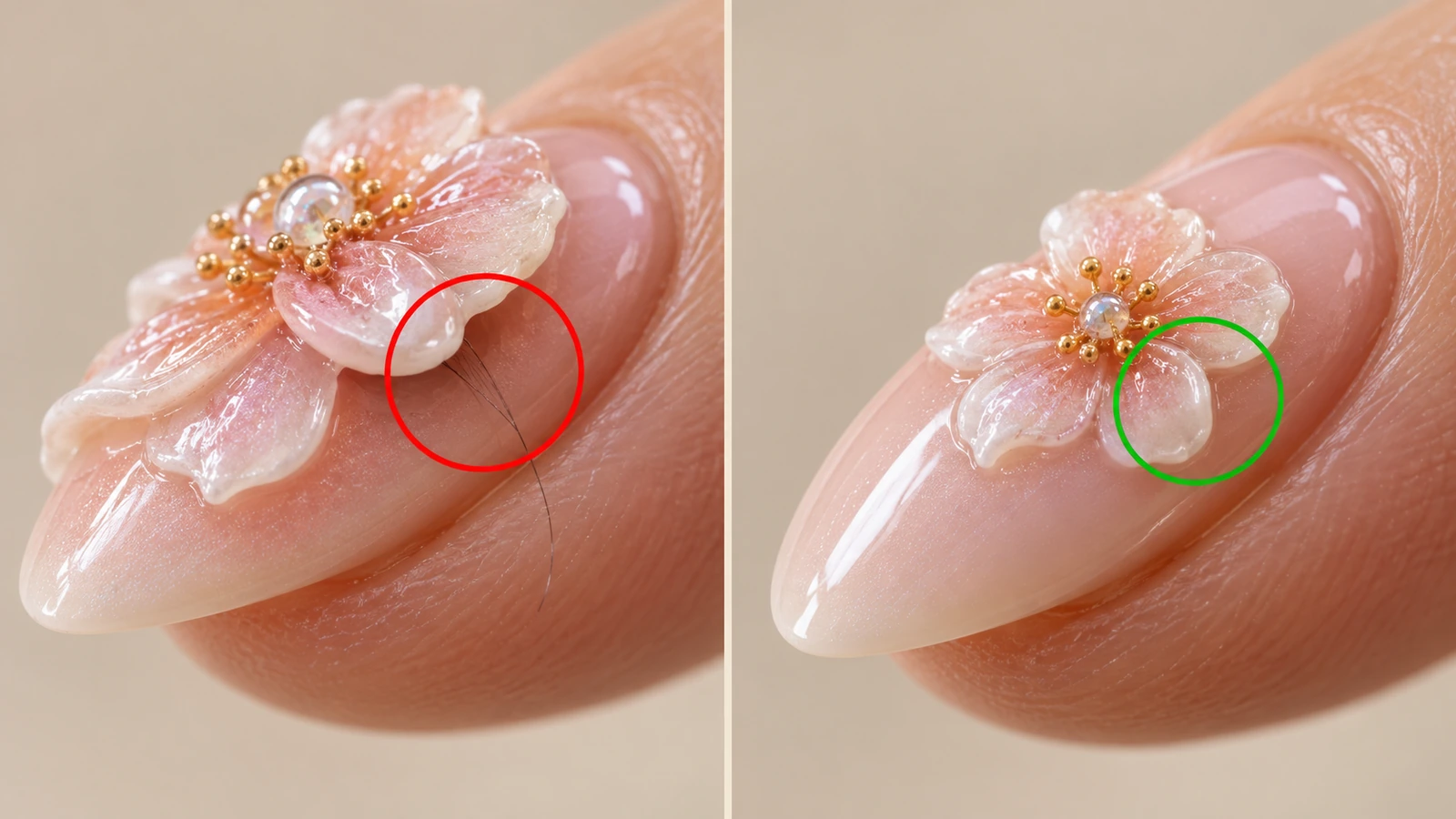 Side-by-side close-up of a raised nail decal lifting at a curved nail edge versus a smaller decal sitting flat and sealed