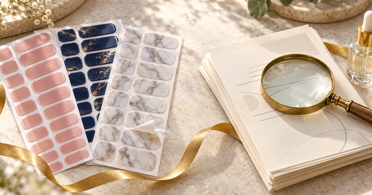 Adhesive nail wrap sheets beside a stack of blank compliance documents and a magnifying glass