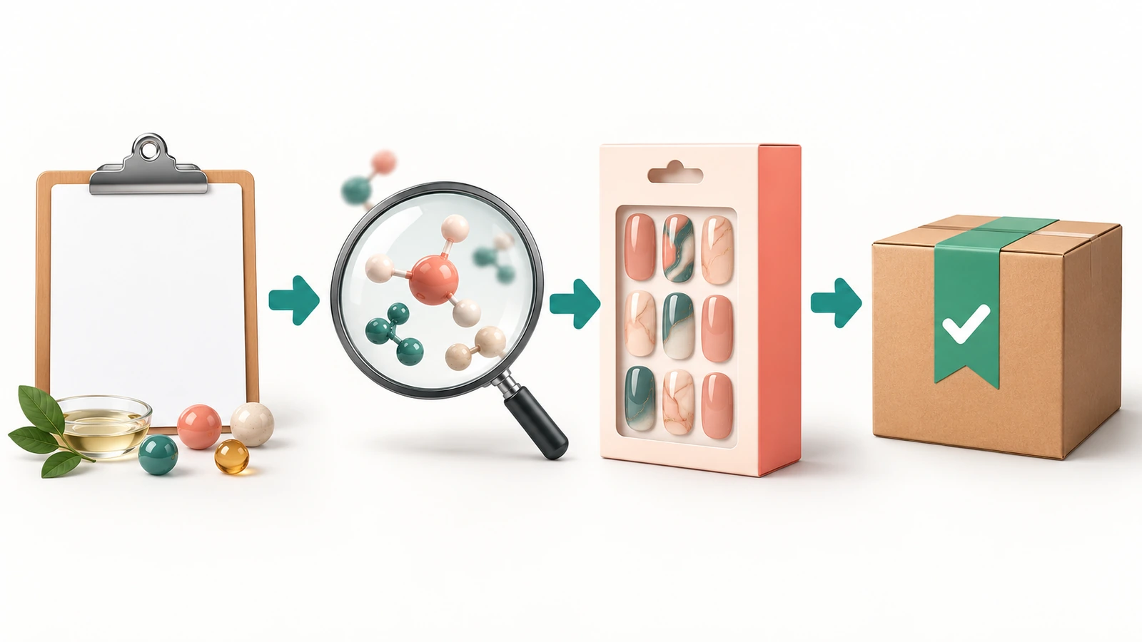 Workflow illustration with arrows linking a formula sheet, a safety review, a labeled box and a shipping carton for a nail wrap line