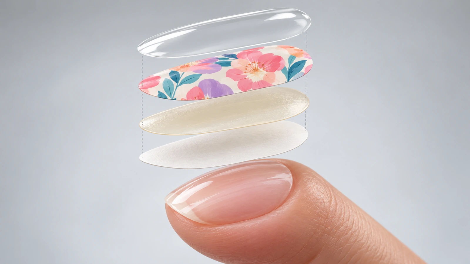 Exploded view of a nail wrap showing the top film, printed color layer, adhesive layer and release liner as separate stacked sheets