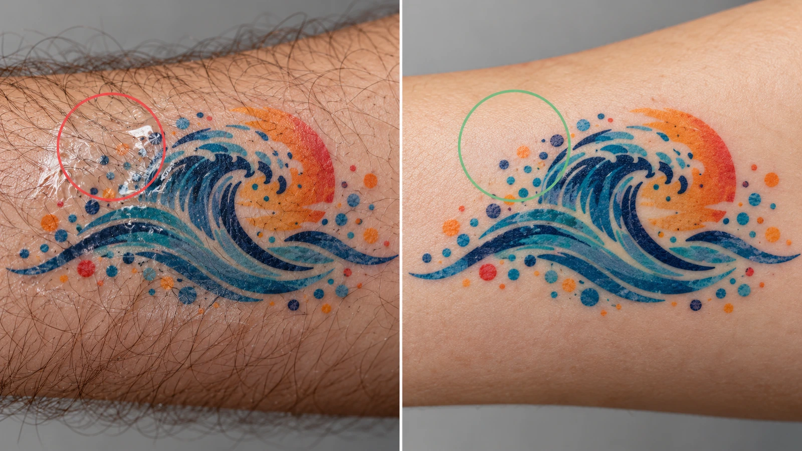 Split macro view comparing a temporary tattoo lifting with tiny air bubbles over arm hair on the left and a smooth, fully bonded tattoo on hair-free skin on the right