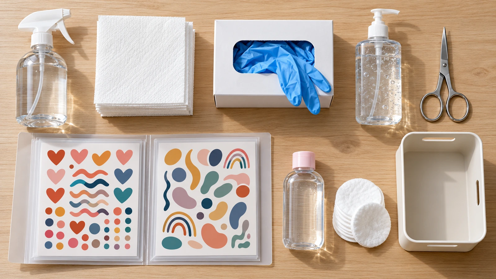 Overhead flat lay of a hygienic temporary tattoo station with spray bottle, single-use towel squares, scissors, pre-cut tattoo sheets in a folder, hand sanitizer, baby oil, and a waste bin
