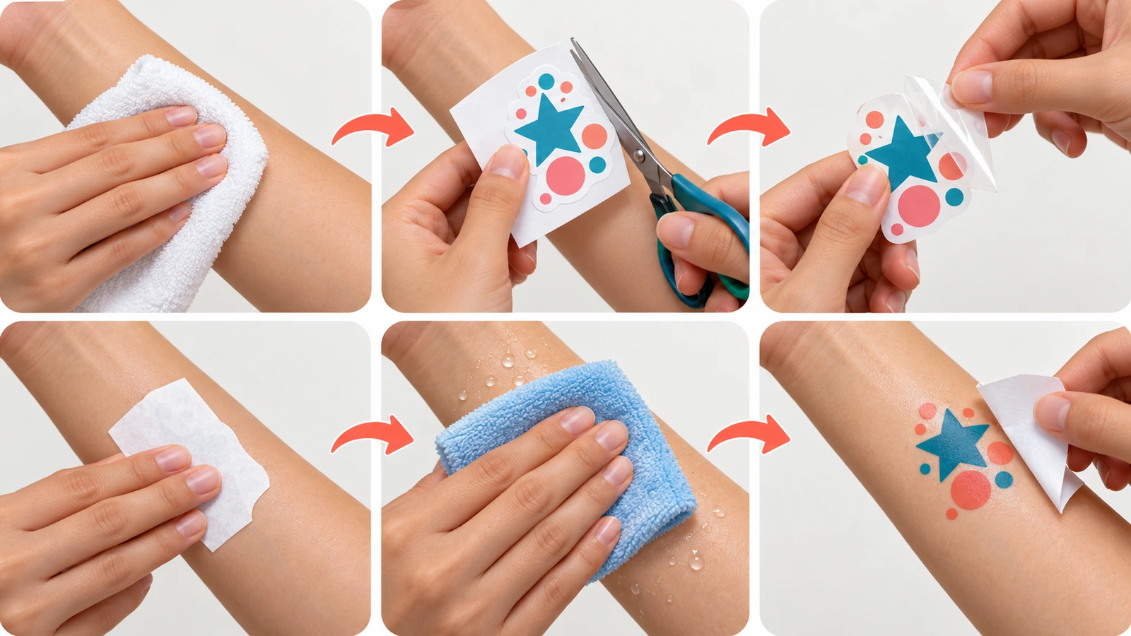 Six-stage sequence showing hands cleaning a forearm, trimming a tattoo, peeling the clear film, pressing the design face-down, holding a damp cloth on it, and lifting the paper away