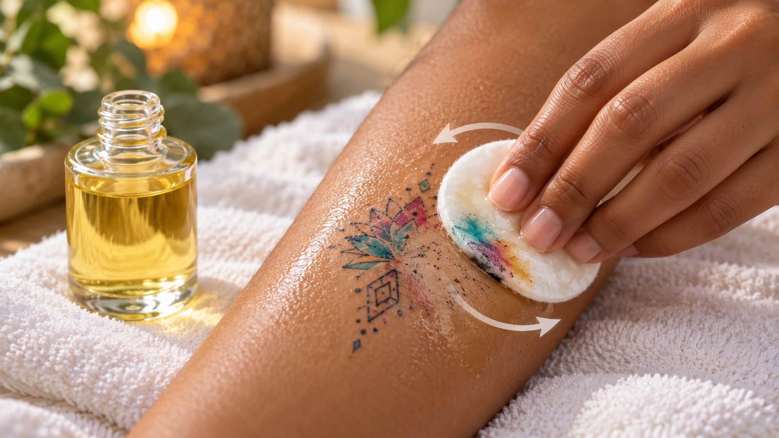 Close-up of a cotton pad soaked in clear oil lifting a fading temporary tattoo from a forearm, with soft circular arrow shapes showing the wiping motion