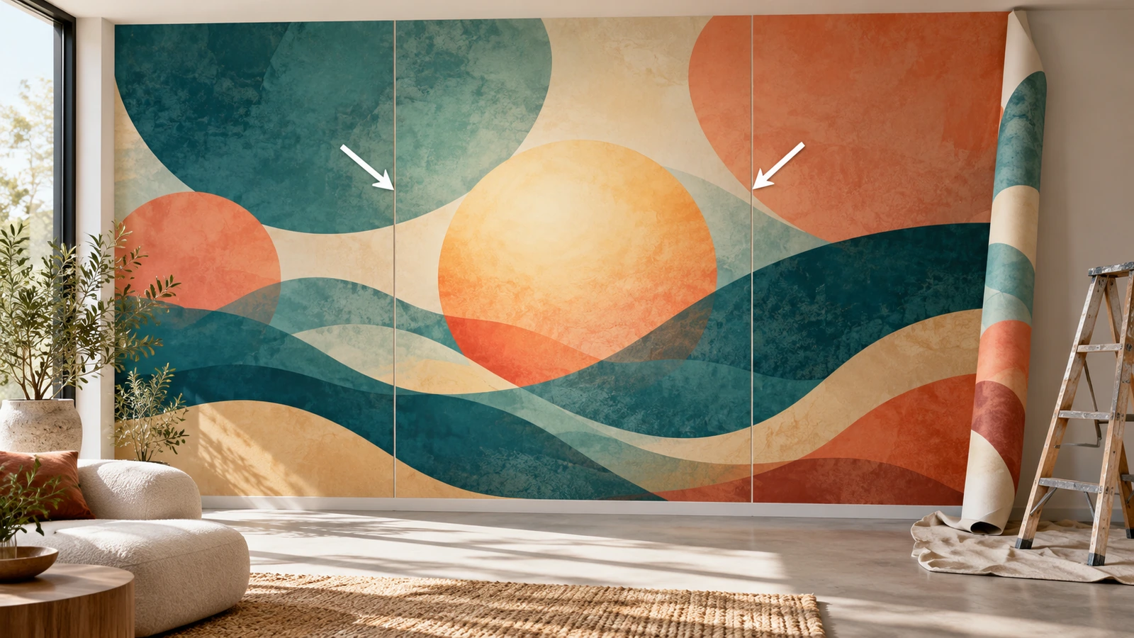 Large abstract brand-colored mural shown as vertical panels on a reception wall, with arrows marking where seams fall away from the central focal shape