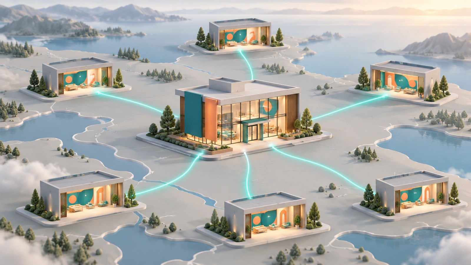 Stylized map with several identical storefront icons connected by lines, each showing the same brand-colored feature wall to represent a consistent multi-location rollout