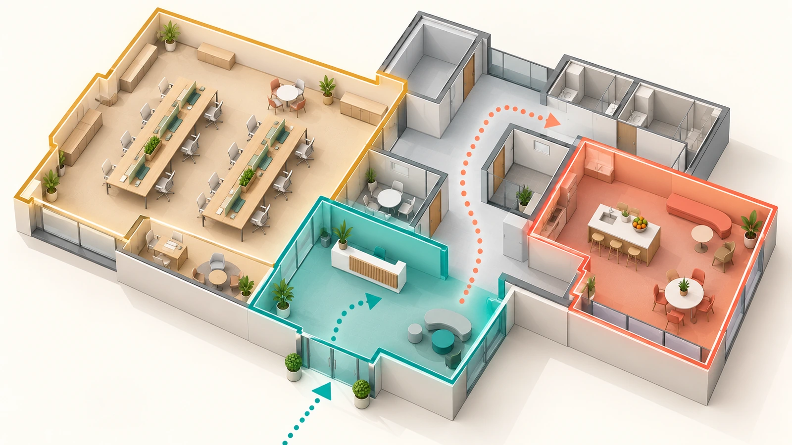 Isometric office floor plan divided into color-coded zones for arrival, work, circulation, and back-of-house, with arrows showing visitor and employee paths toward featured walls