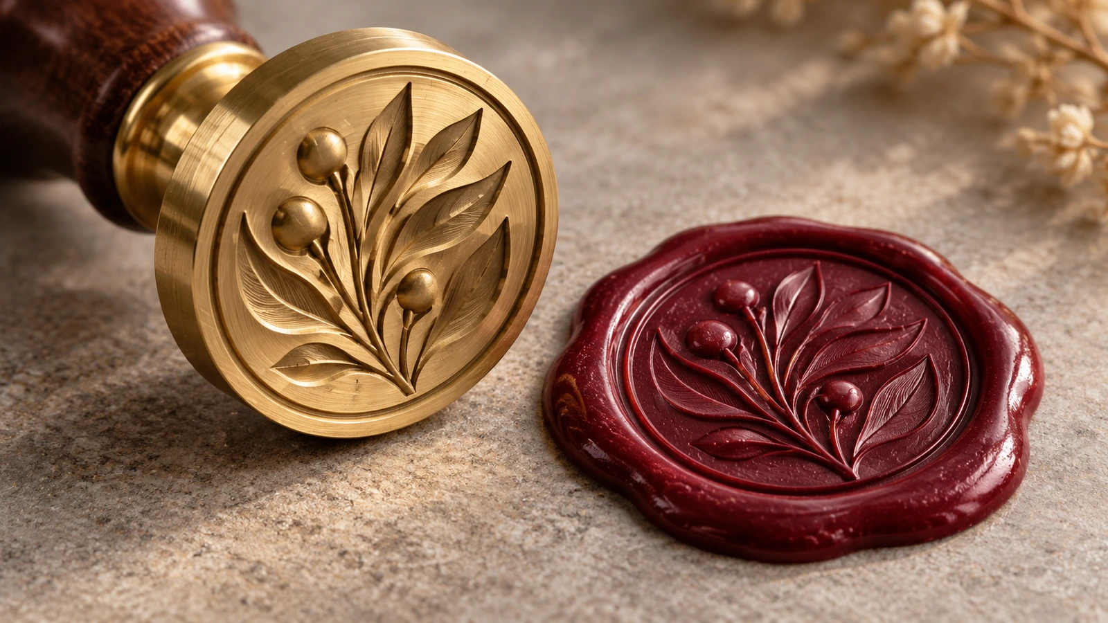 Macro view of an engraved brass custom wax seal stamp face beside a burgundy wax impression showing the same botanical emblem in reverse