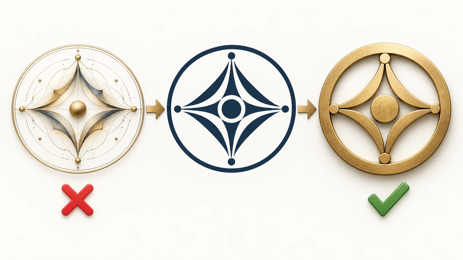 Three-stage diagram showing an intricate emblem simplified into bold solid shapes with open spaces, connected by arrows, ready for wax seal die engraving