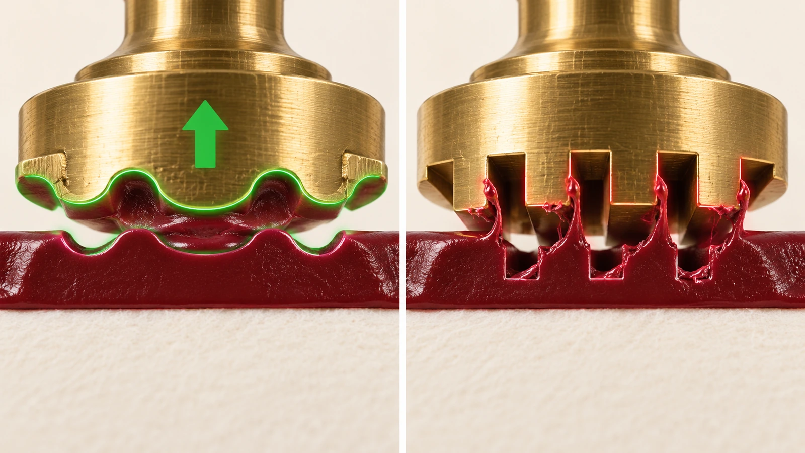 Cross-section illustration of a brass wax seal die pressing into flexible wax, comparing shallow sloped relief that fills cleanly with deep narrow grooves that trap wax