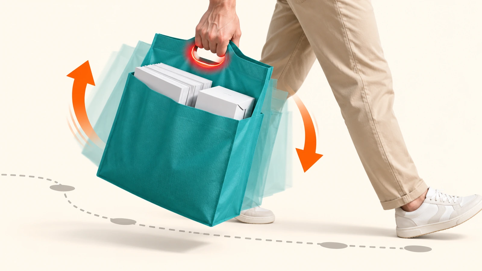 Hand lifting a filled flat non-woven bag with a punched handle, with curved arrows showing upward lift and swing forces concentrating at the handle edge
