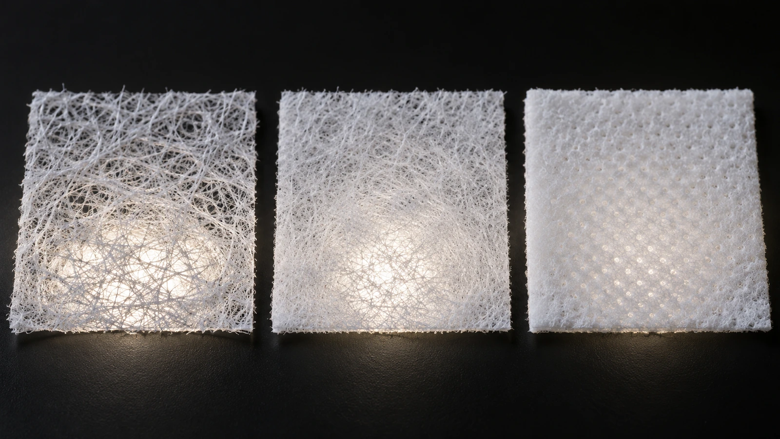 Macro comparison of three polypropylene non-woven fabric swatches showing a light, open fiber web, a medium web and a dense heavy web side by side