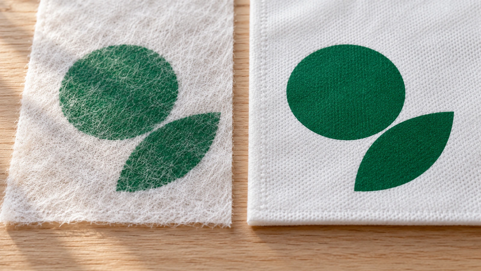 Close-up of a screen-printed geometric logo shape on a lightweight non-woven bag beside the same shape printed on a heavier non-woven bag, showing sharper edges on the denser fabric