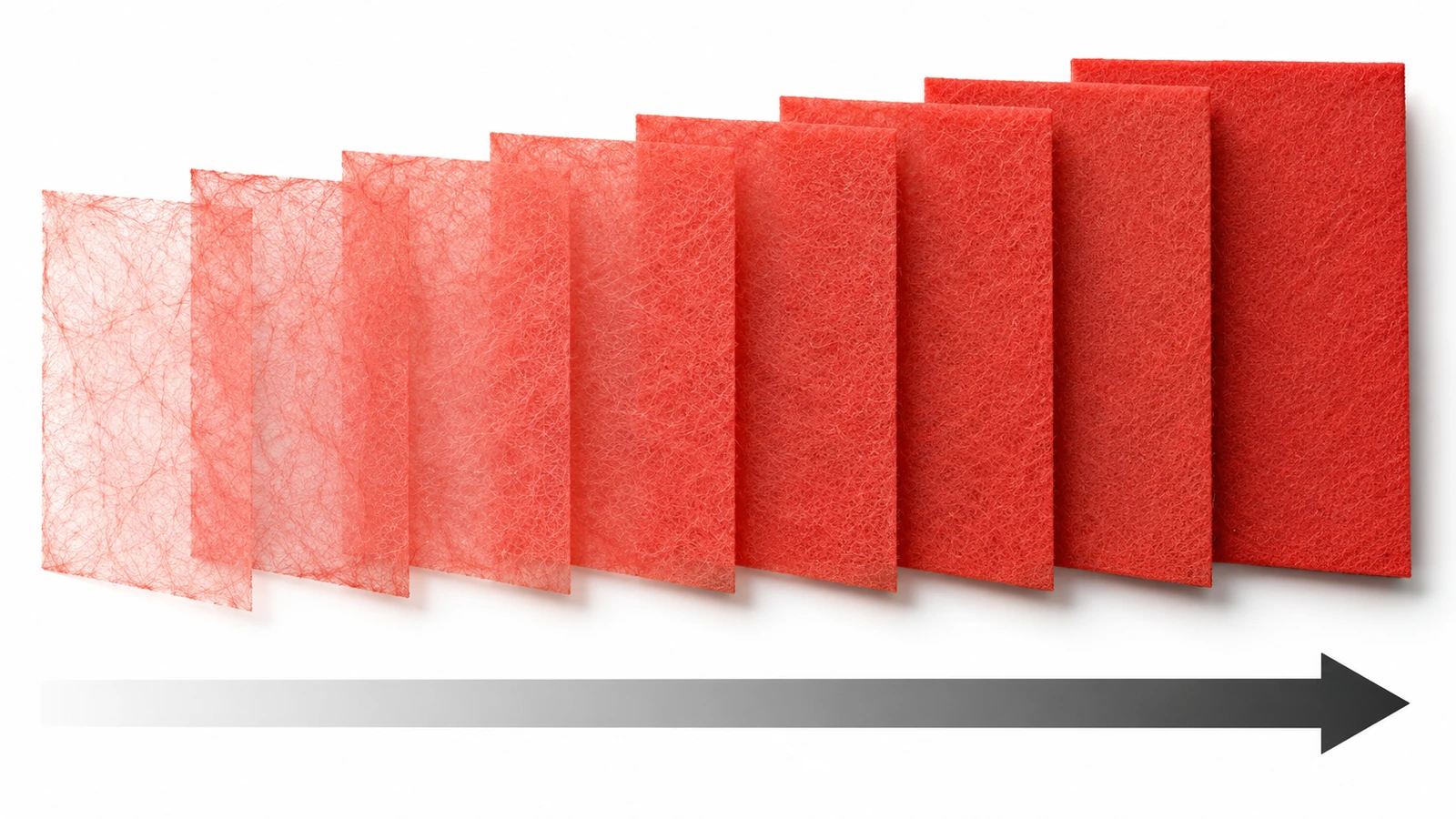 Stack of eight non-woven fabric swatches arranged from thin and translucent to thick and opaque, with a single arrow indicating increasing fabric weight from left to right