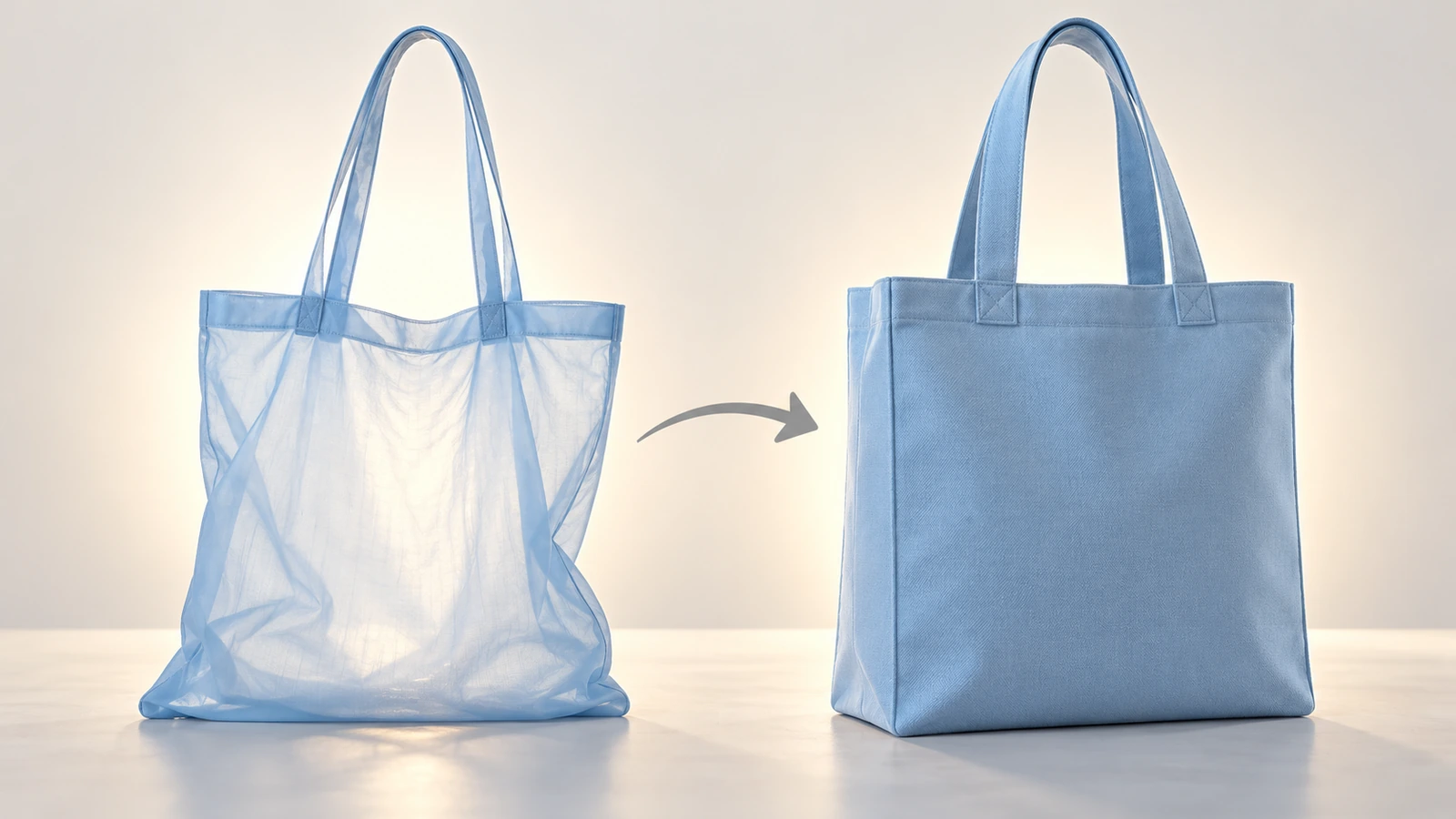 Side-by-side comparison of a thin, translucent lightweight polyester tote and a thick, structured heavyweight tote, showing the difference in fabric weight