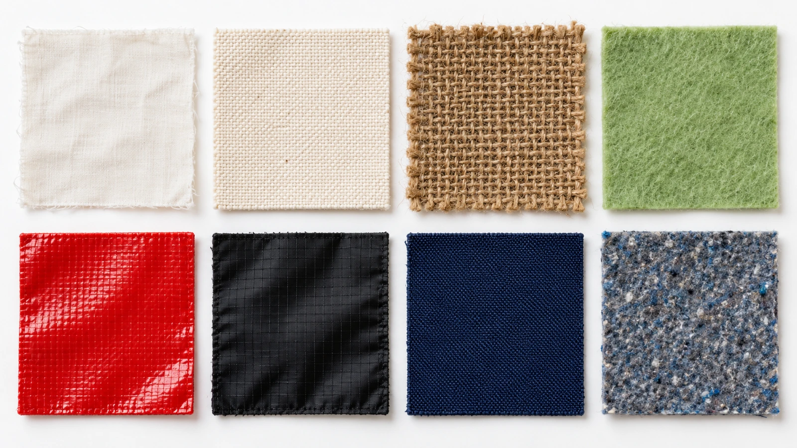 Eight tote bag fabric swatches arranged in a grid: cotton, canvas, jute, non-woven PP, laminated PP, nylon, polyester and recycled polyester