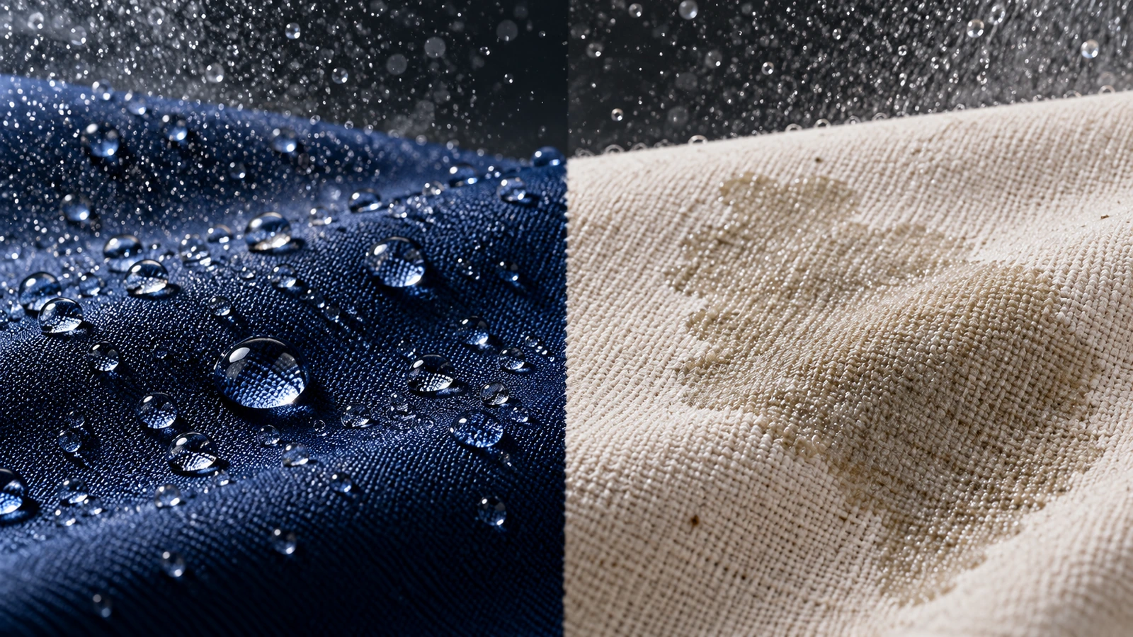 Water droplets beading on a smooth synthetic fabric next to water soaking into a woven cotton canvas