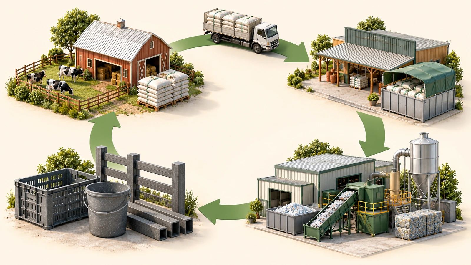 Circular take-back loop showing a farm, a dealer collection container, a recycling plant and new products connected by arrows