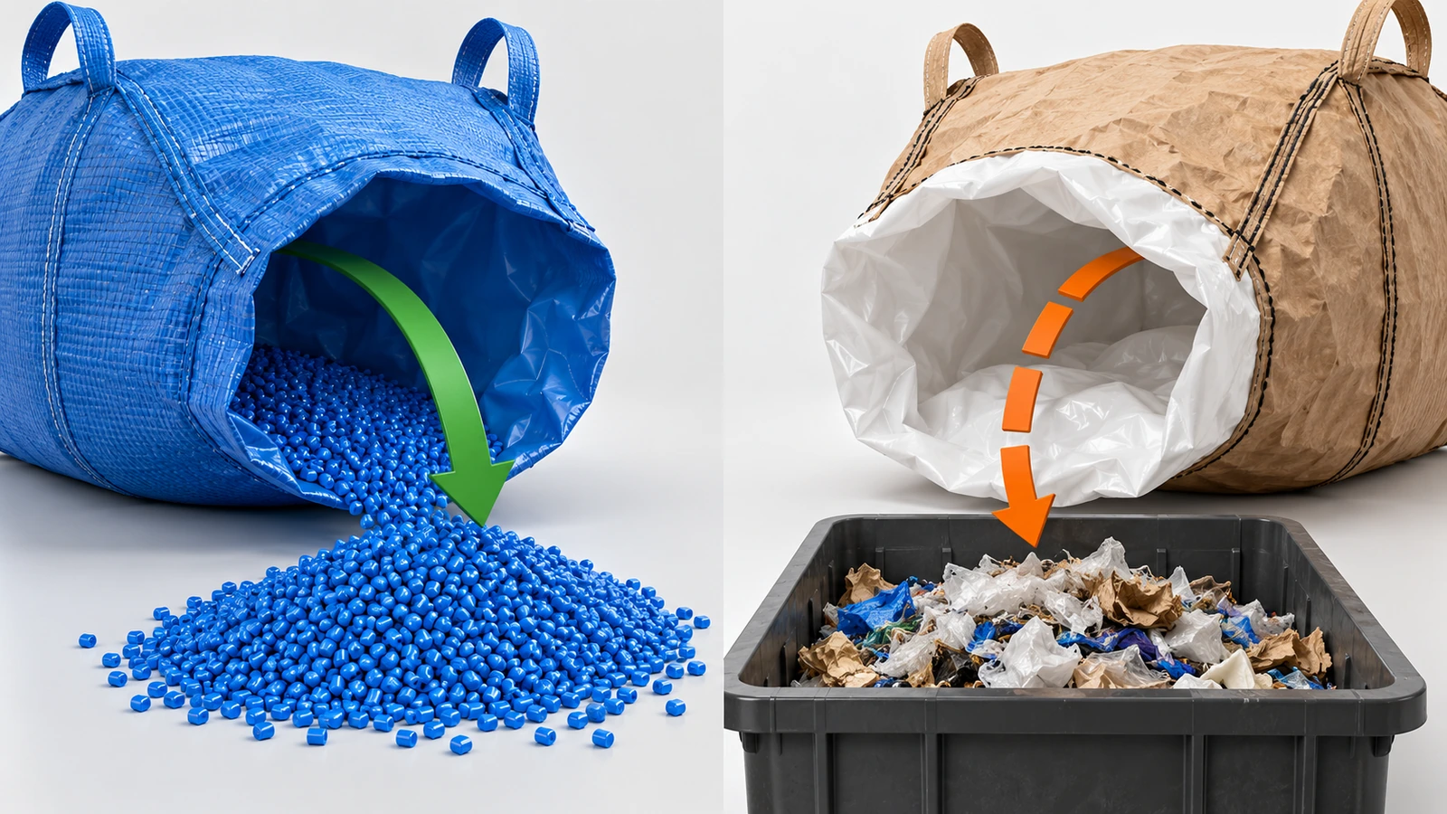 Side-by-side comparison of a single-color mono-material woven sack and a multi-color mixed-material sack, with arrows showing one path to a pellet pile and the other to a reject bin