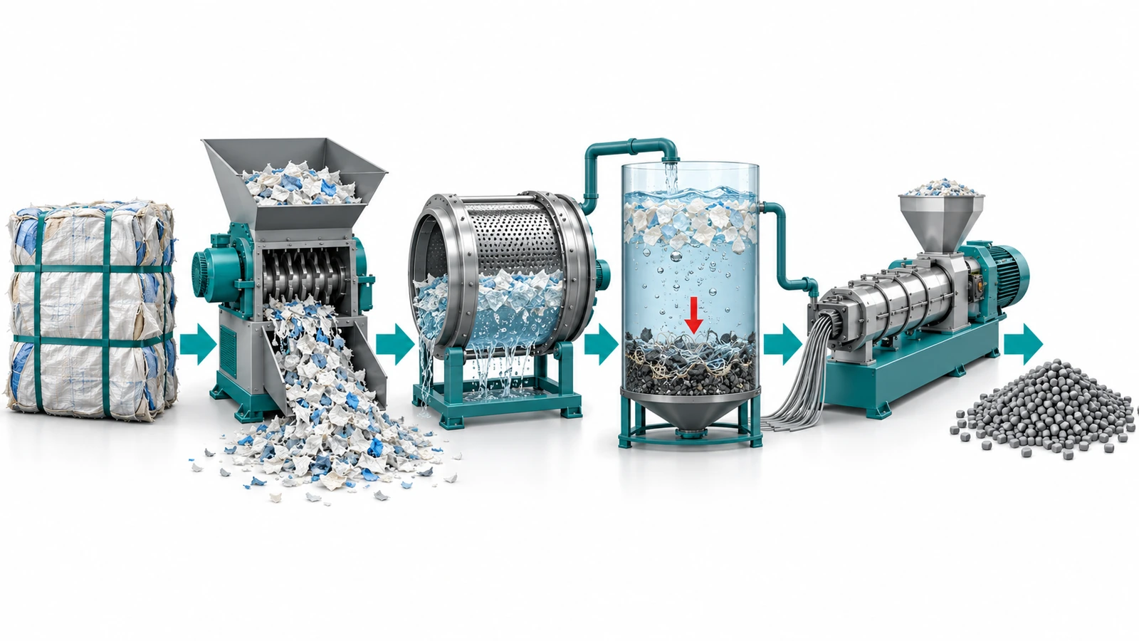 Flow diagram of feed sack recycling from baled sacks through shredding, washing, a float-sink tank and extrusion to recycled pellets