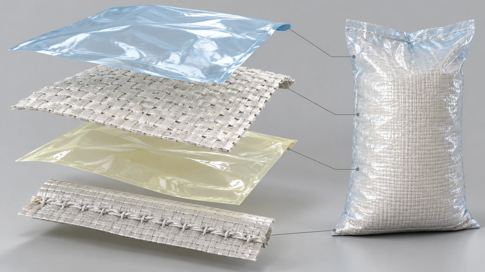 Exploded view of a woven polypropylene feed sack showing woven tape fabric, BOPP laminate film, optional inner liner and sewn bottom seam as separate colored layers