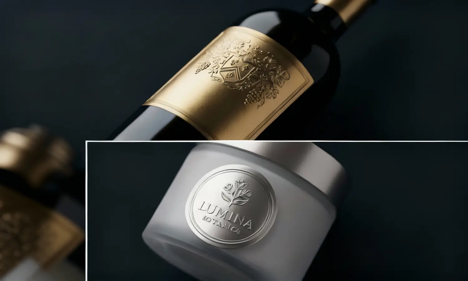 Custom embossed labels for premium packaging with gold foil and tactile effects