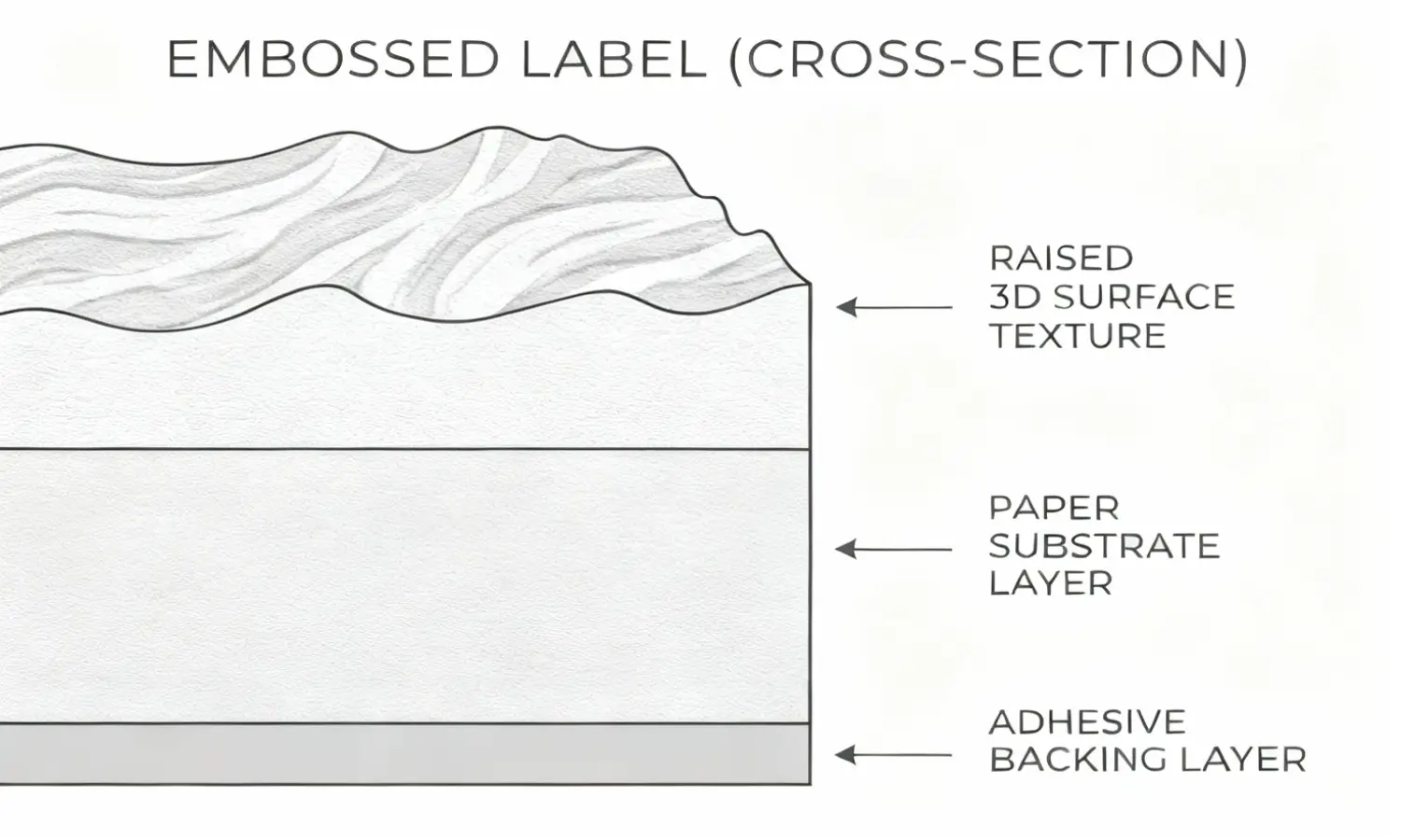 Definition of embossed labels with structural components Cross-section diagram showing embossed label structure with raised surface, substrate, and adhesive layers