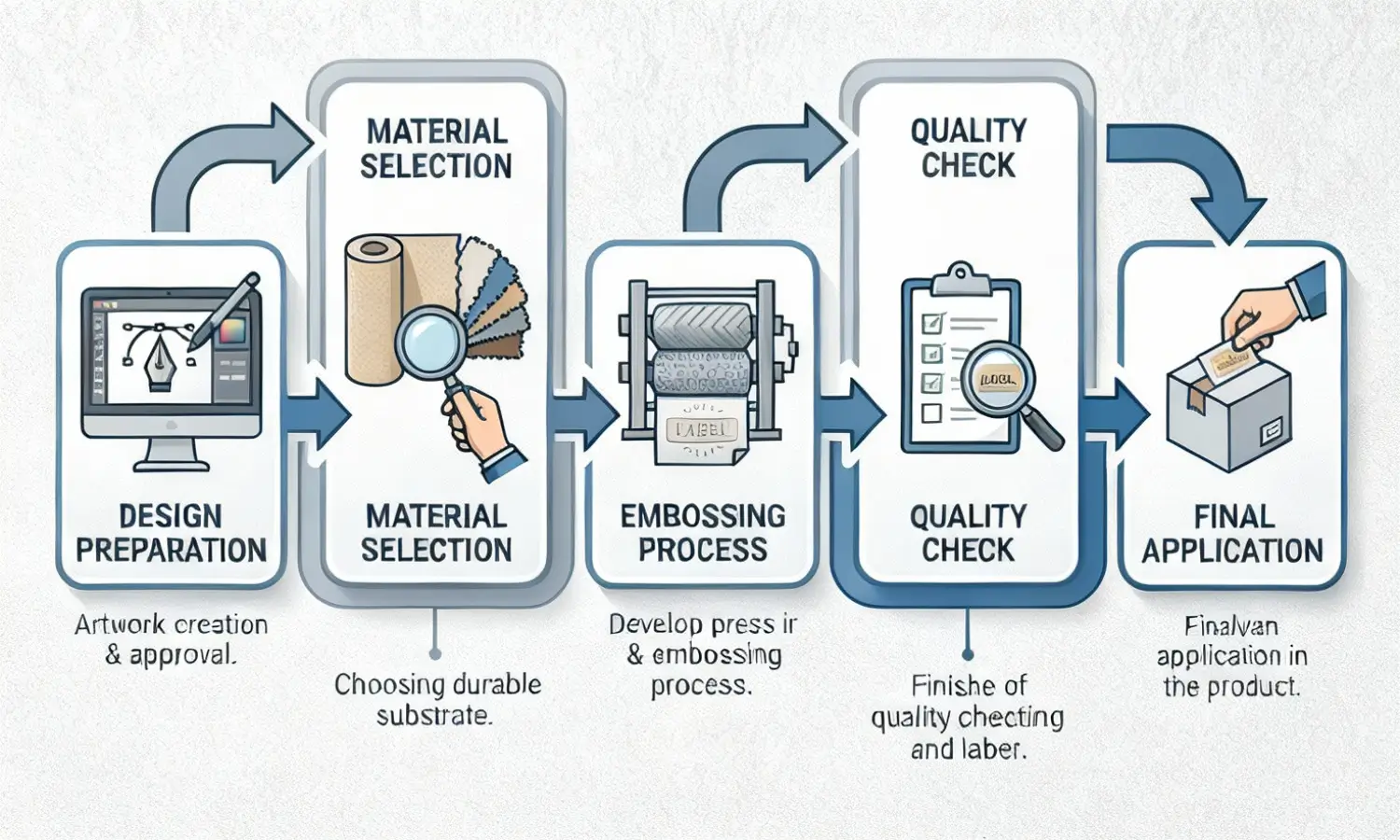 Step-by-step embossed label production workflow Flowchart showing embossed label production steps from design to final application