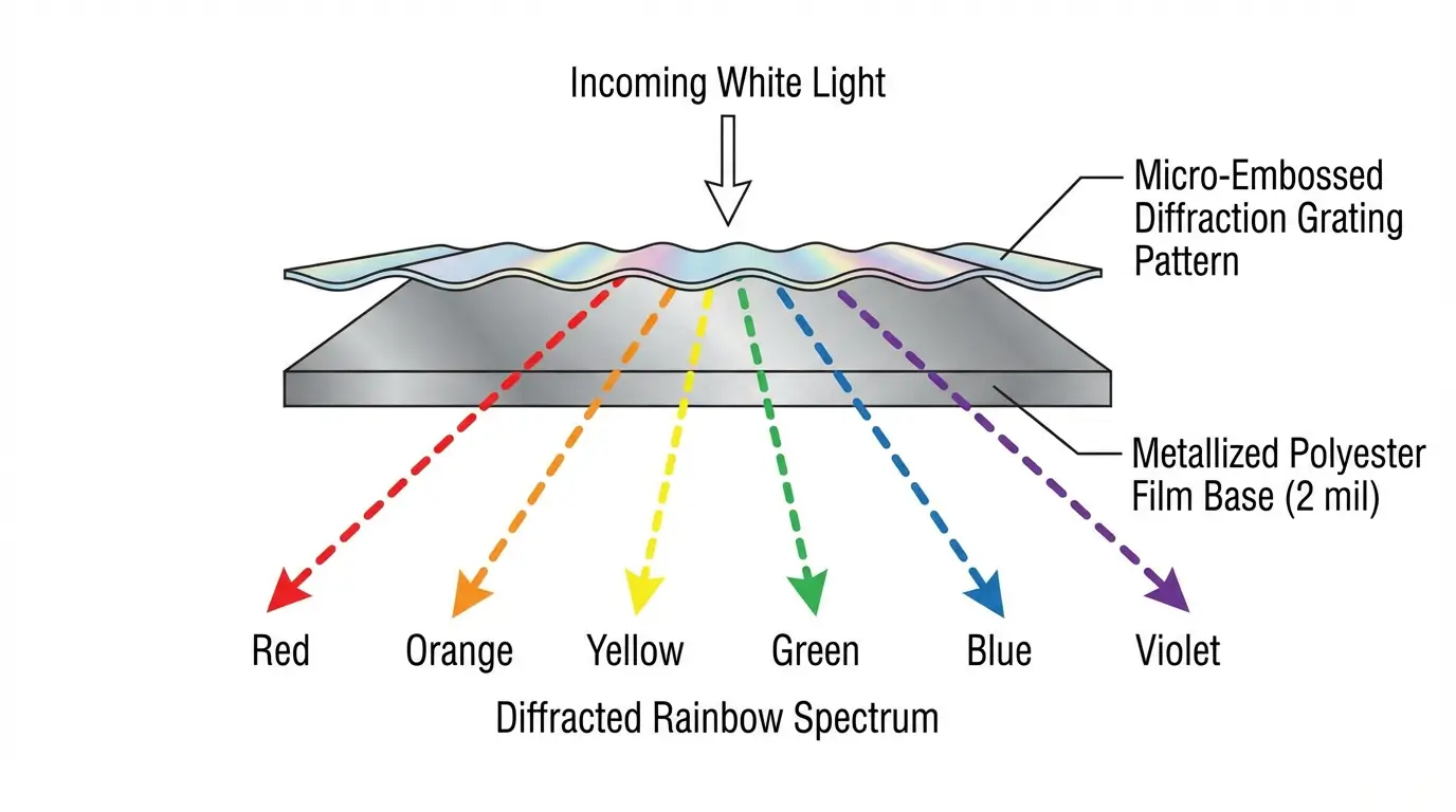 Custom holographic sticker structure with rainbow spectrum effect Holographic sticker cross-section showing metallized polyester layers and light diffraction mechanism